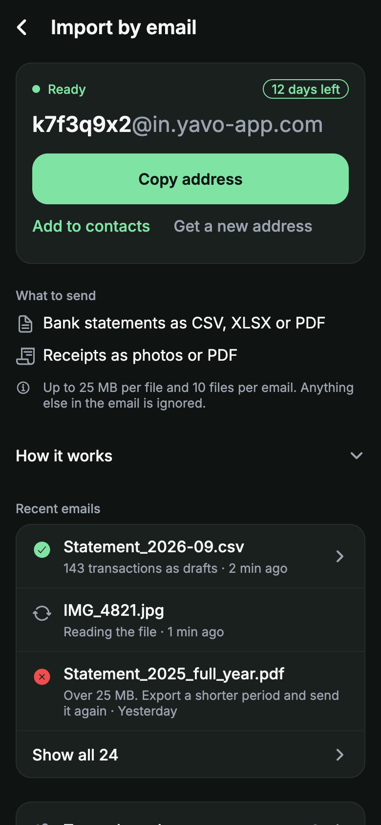 Yavo import by email screen with the personal import address and recent emails