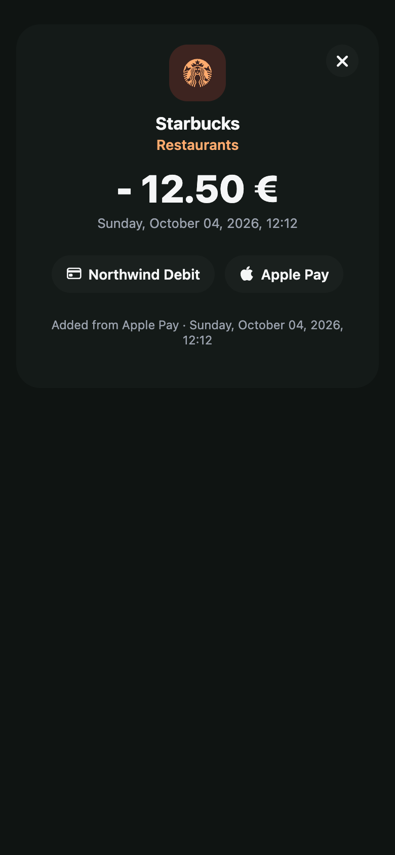 Yavo expense detail screen for a payment imported from Apple Pay, with its category