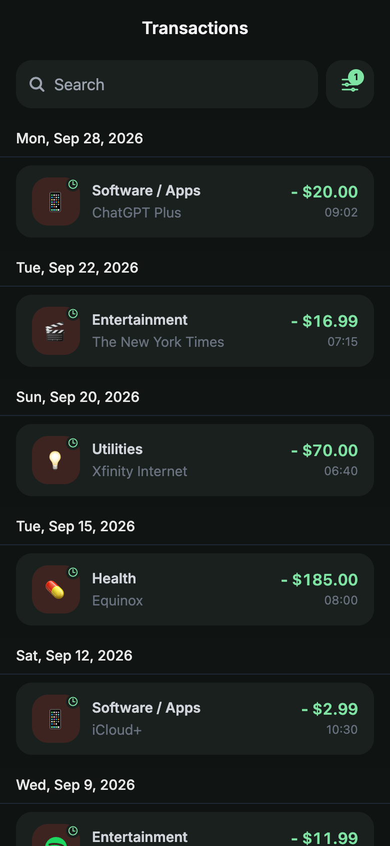 Yavo Transactions screen with the Recurring only filter applied: the seven recurring charges of the last 30 days