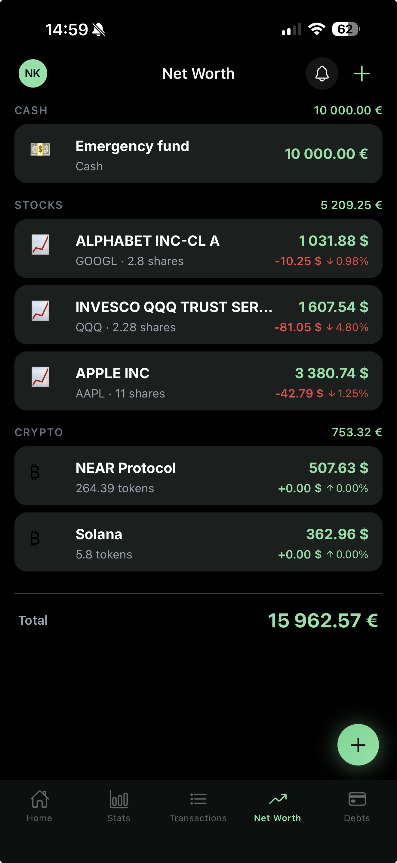 Yavo Net Worth screen showing cash, stocks (GOOGL, QQQ, AAPL), and crypto (NEAR, Solana) in one view