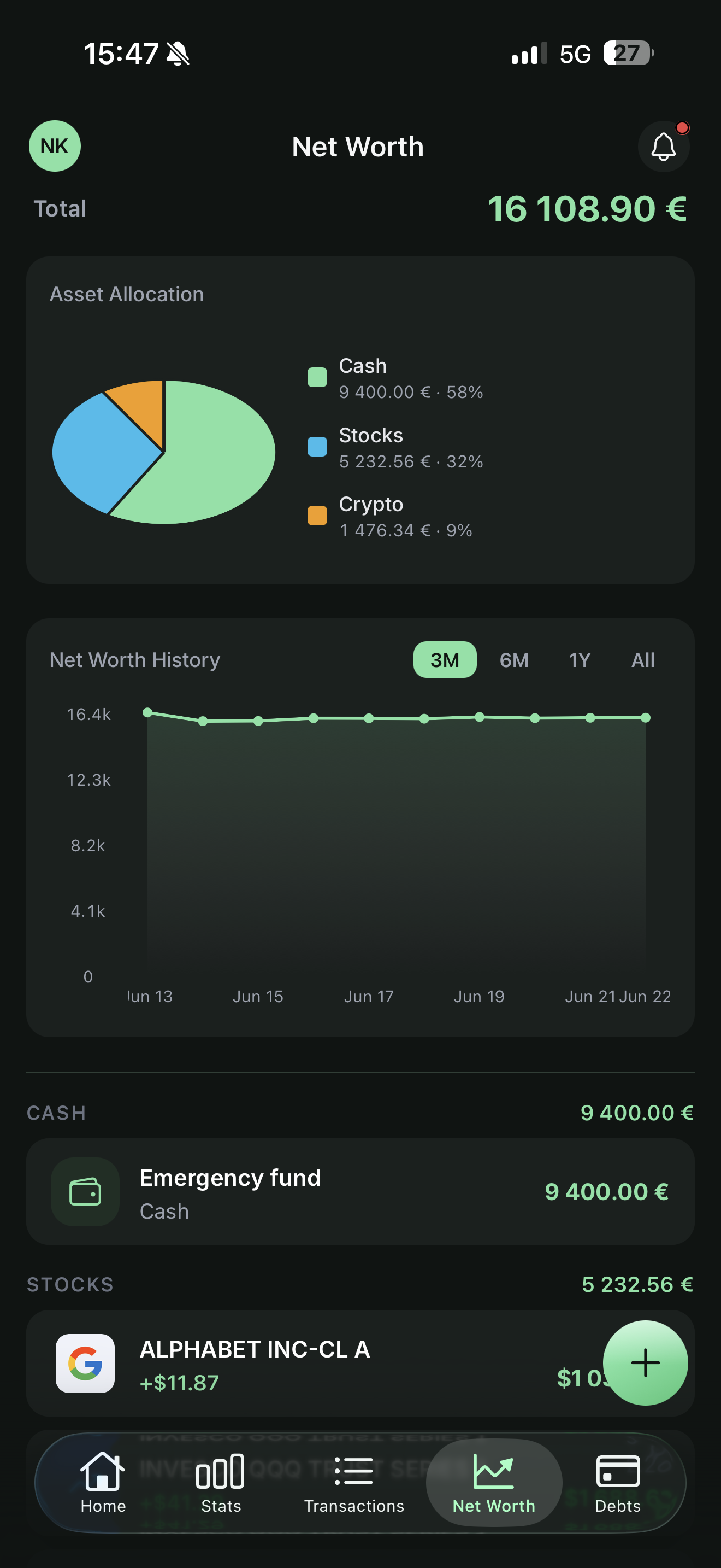 Yavo net worth screen showing asset allocation and history