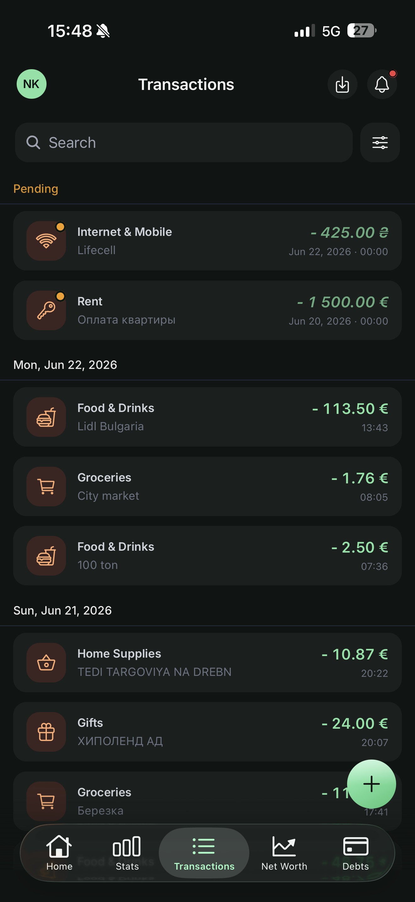 Yavo app transactions screen showing recent expenses